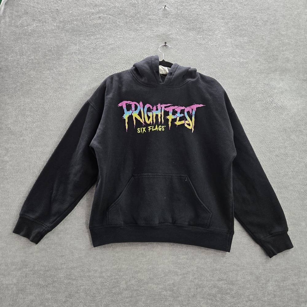 Six Flags Women Hoodie L Black Graphic Print Fleece Fright Fest Clown Logo